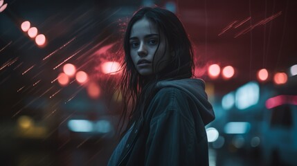 a woman standing in the rain at night