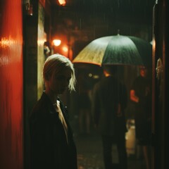a woman standing in the rain with an umbrella