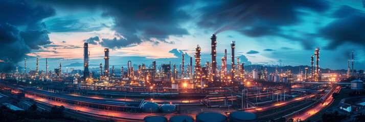 Fototapeta premium panoramic oil refinery factory with pipes tanks and structures, industrial plant at twilight with clouds and city background, massive petroleum production landscape with heavy rain cloud