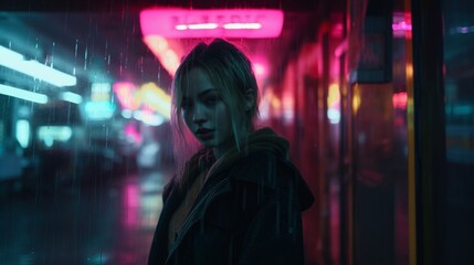 Obraz premium a woman standing in the rain with neon lights