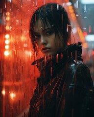 a woman standing in the rain with red lights behind her