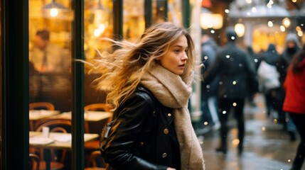 Fototapeta premium a woman walking down a city street with her hair blowing in the wind