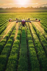 Fototapeta premium Future farming - agriculture drone fertilizing a field, innovative technology enhancing crop yield and efficiency, revolutionizing modern agricultural practices for sustainable growth.