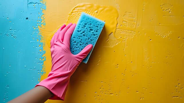 Blue cleaning sponge and hand with pink cleaning glove for household chores and hygiene maintenance, background with copy space on yellow backdrop .