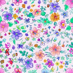 Traditional watercolor floral pattern with small five-petal flowers