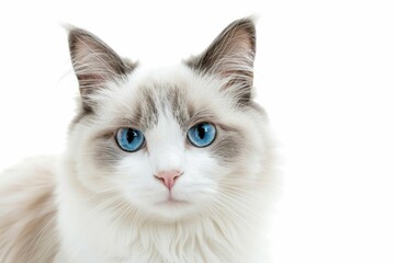 Curious cat with blue eyes on a white background, looking at the camera, animal, pet, beauty, portrait, cute, feline