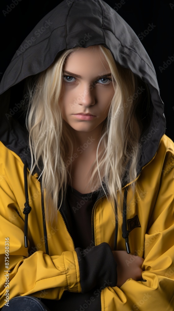 Wall mural a woman wearing a yellow and black jacket