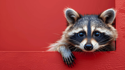 Obraz premium Adorable raccoon peeking around red background for pet shop banner, portrait of a curious furry animal