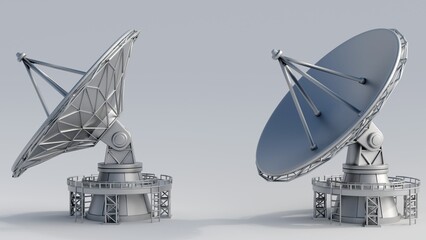3D rendering of a parabolic satellite dish antenna, used for transmitting and receiving signals to and from satellites.