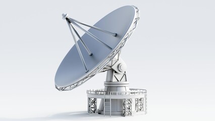 3D rendering of a parabolic satellite dish antenna, used for transmitting and receiving signals to and from satellites.
