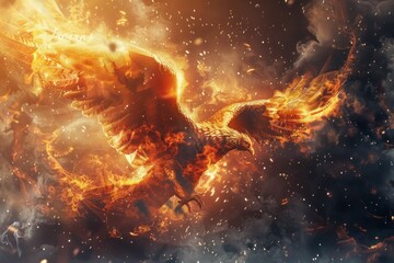Majestic eagle soaring through the sky with fiery wings of power and beauty in a stunning display of nature's art
