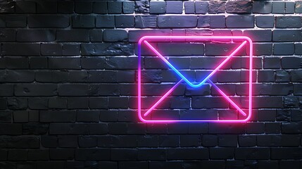 Glowing line Mail and email icon with glowing neon colorful lighting on black brick wall