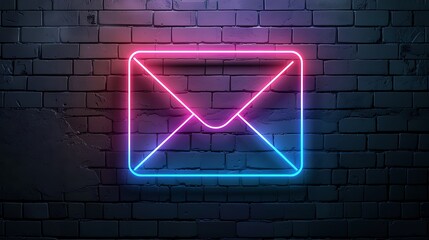 Glowing line Mail and email icon with glowing neon colorful lighting on black brick wall