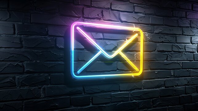 Glowing line Mail and email icon with glowing neon colorful lighting on black brick wall - Powered by Adobe