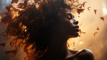 a woman with curly hair and leaves in her hair