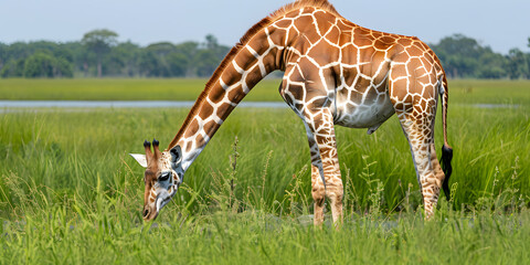 Obraz premium Jejum da girafa com pescoço longo pastando na savana