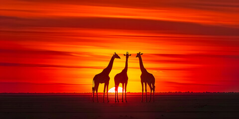 Girafas em p&eacute; contra um pano de fundo do p&ocirc;r do sol