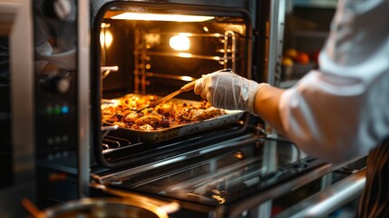 A chef preparing a dish in an oven, perfect for culinary equipment and kitchen appliance advertisements
