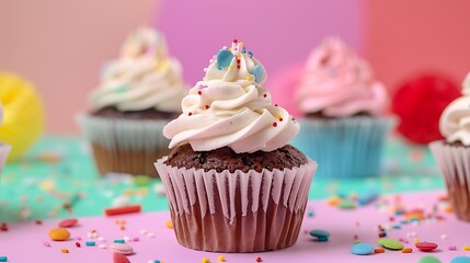 Happy birthday cupcakes isolated on colorful background