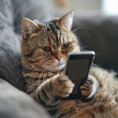 Modern Cat Playing with Smartphone on Sofa at Home, Capturing the Humor and Charm of Pets in Everyday Life, Perfect for National Love Your Pet Day Promotions