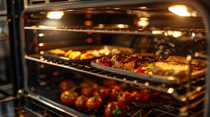 Roasting vegetables and meat in an oven, showcasing a balanced meal being prepared, ideal for cooking tutorials and food channels