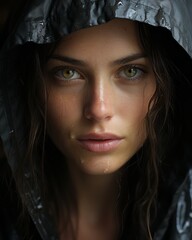 a woman with green eyes and a rain jacket