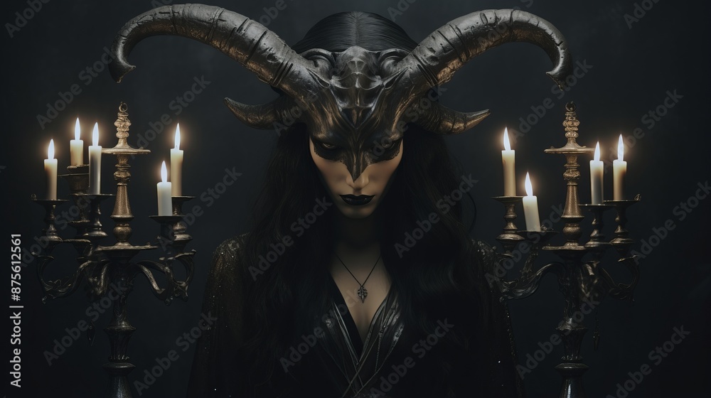 Poster a woman with horns and candles in front of a black background