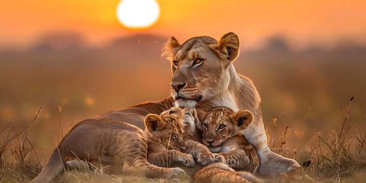 Leoa e seus filhotes ao p&ocirc;r do sol