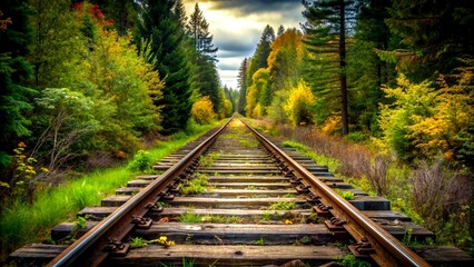 Fototapeta premium Forgotten Tracks: A Rusty Railroad Track Disappears into the Untamed Wilderness Digital art generation