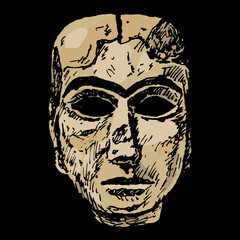 The Mask from Warka. Lady of Uruk. Female head of ancient woman or goddess Inanna from Iraq. Hand drawn colorful rough sketch. On black background.