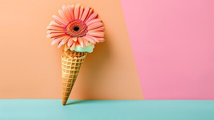 Ice cream cone with flower isolated on colorful background