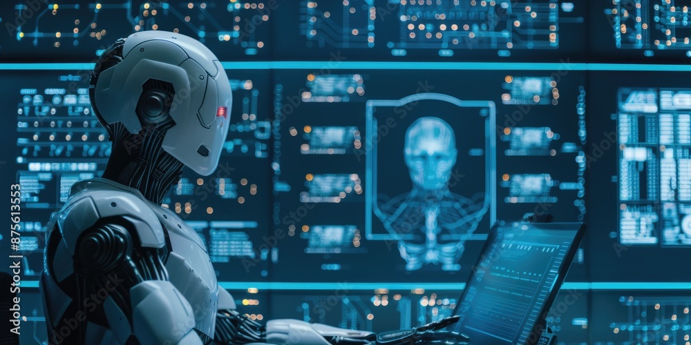 Poster in a futuristic setting, an advanced ai robot engages with a digital interface using cuttingedge tec