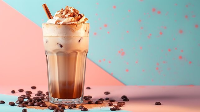 Iced coffee latte with chocolate and cinnamon in a tall glass with a milk isolated on colorful background