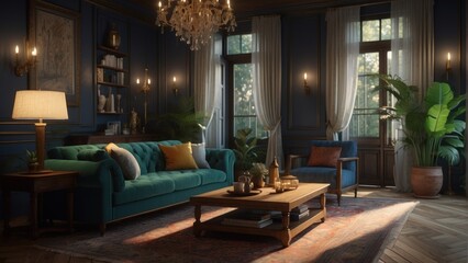 Fototapeta premium Luxurious and classic living room, evening