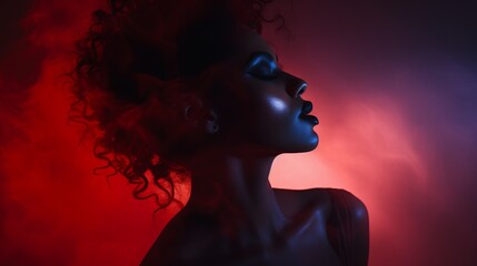 a woman with red and blue smoke coming out of her hair