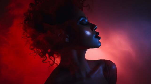 a woman with red and blue smoke coming out of her hair