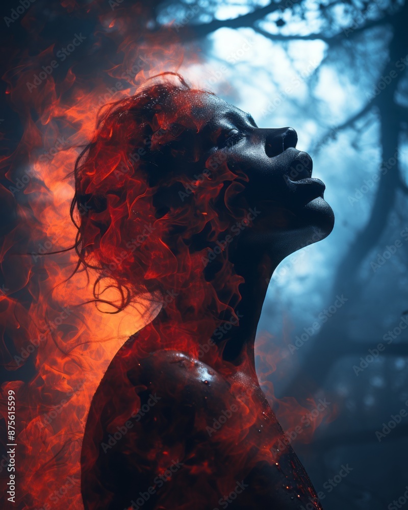 Canvas Prints a woman with red fire coming out of her hair