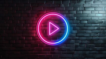 Live Streaming Event icon or play button with glowing neon colorful lighting on black brick wall - Powered by Adobe