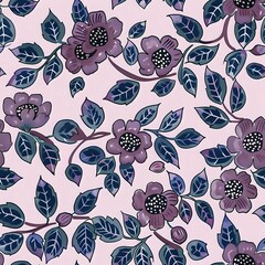 Realistic Floral Grid Pattern with Detailed Blue, Green, and Pink Flowers