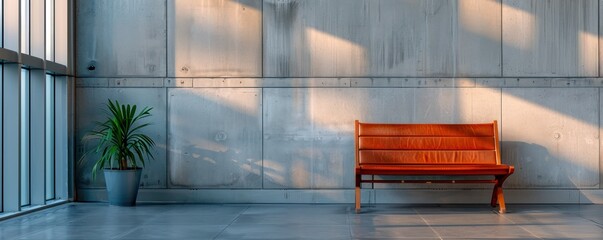 Modern Interior Design with a Wooden Bench in a Minimalist Setting A Single Bench Stands Alone in a Contemporary Space, Bathed in Natural Light, Creating a Sense of Stylish Solitude picture + shades