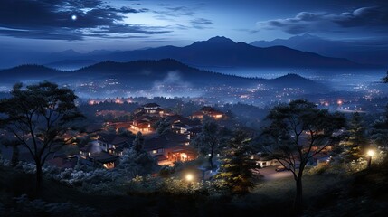 Obraz premium a city at night with a town in the background.