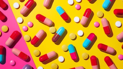 Medicine background from much capsules and pills isolated on colorful background