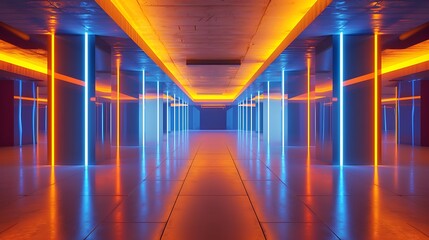 Modern undefined empty abstract interior illuminated by vertical stick blue and orange neon lights on neutral reflective floor and ceiling with background