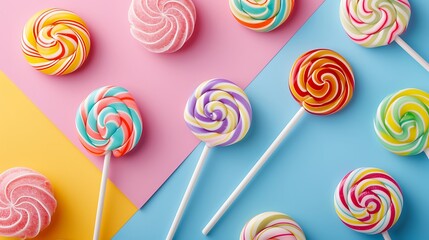 Multi colored sweets candies lollipops isolated on colorful background