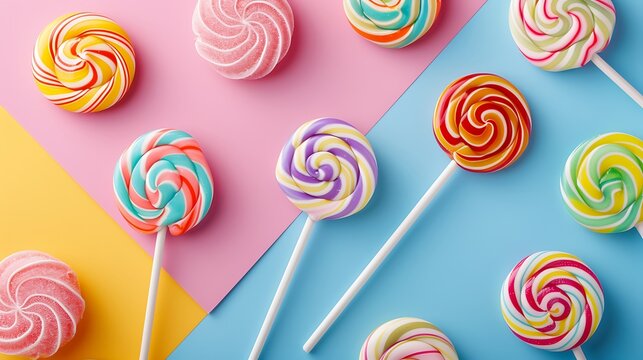 Multi colored sweets candies lollipops isolated on colorful background