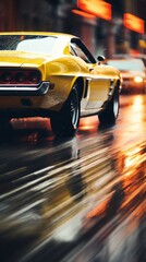 a yellow muscle car driving down the street at night
