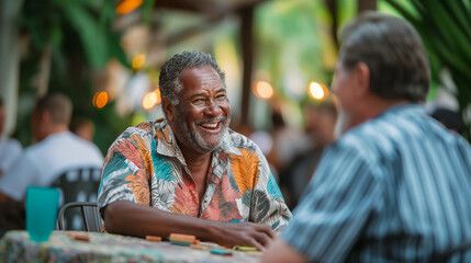 Group of Hispanic older men, outdoors playing Dominos board game, Cuban culture, copy space