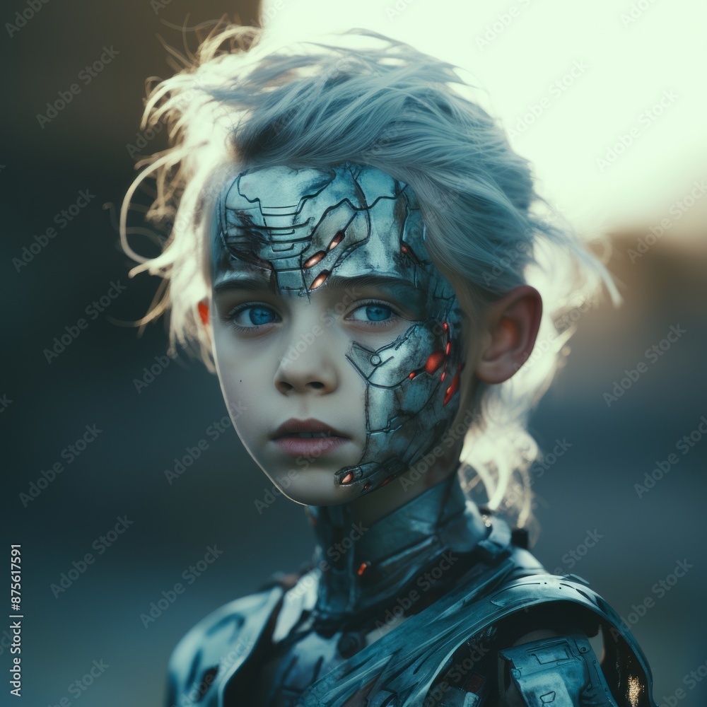 Canvas Prints a young boy with a robot face painted on his face