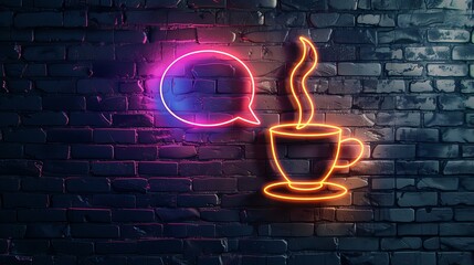 Neon light speech bubble coffee cup line icon with glowing neon colorful lighting on black brick wall