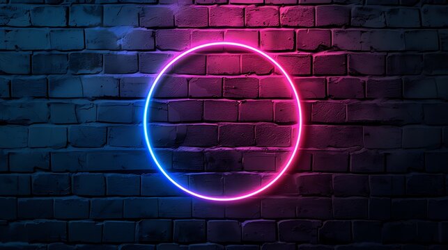 Neon sign in circle shape bright light with glowing neon colorful lighting on black brick wall